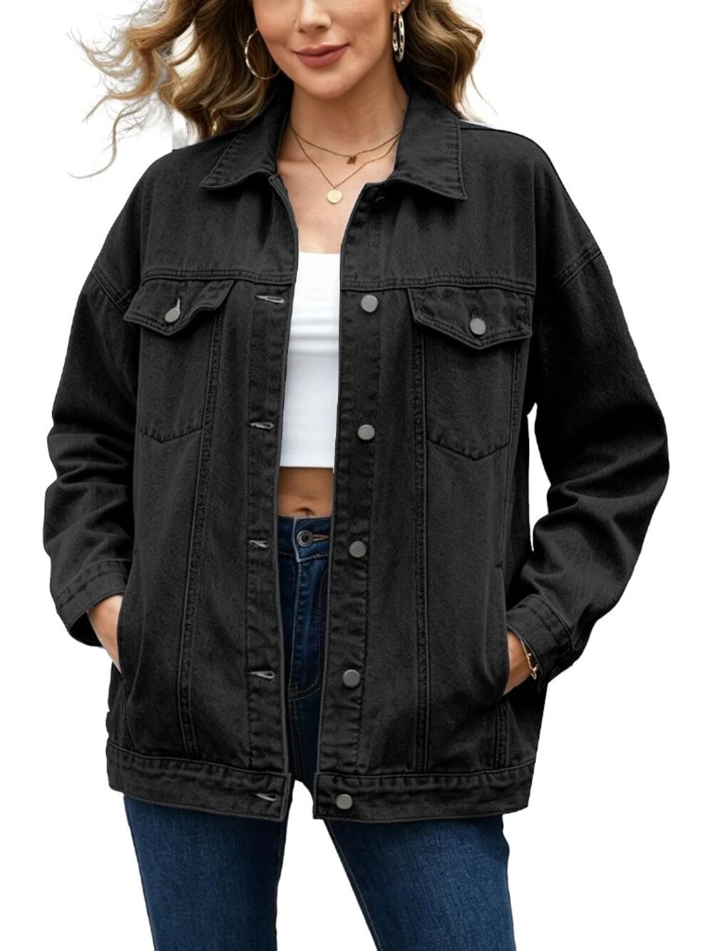 Women's Black Button Down Oversized Loose Fit Imported Denim Jean Jacket Coat